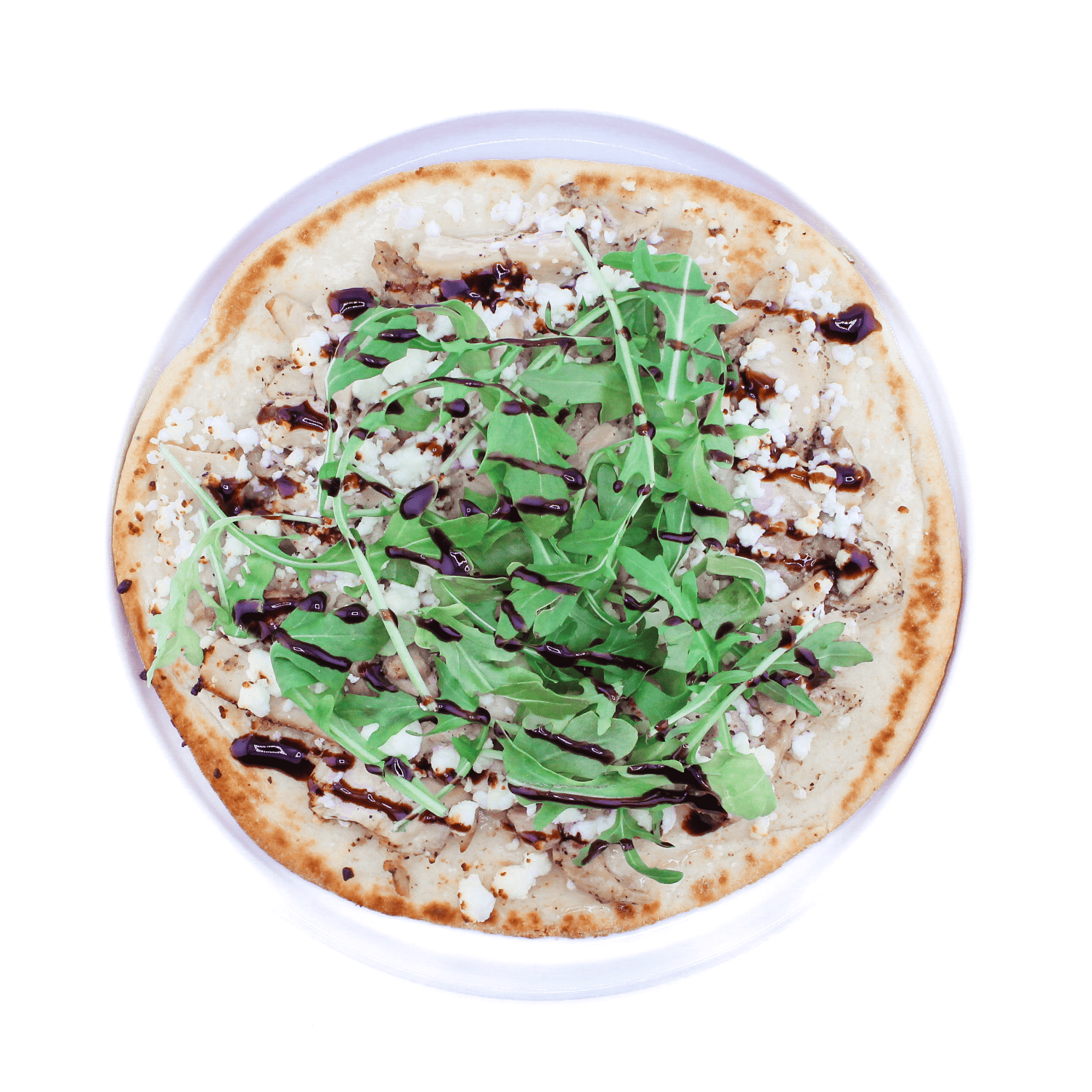 Chicken & the Goat - Chicken, goat cheese, pickled red onions, arugula, balsamic vinaigrette, whole wheat flatbread