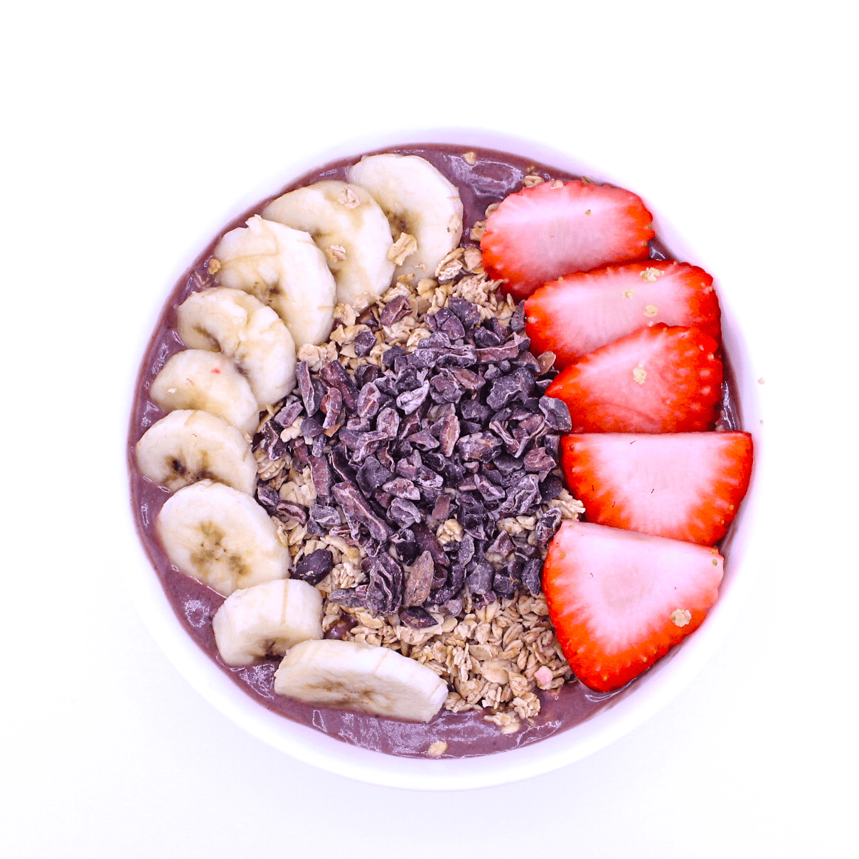 Chocolate PB&B - Acai, almond milk, banana, peanut butter, chocolate syrup, strawberries.Topped with granola, strawberry slices, banana slices and cacao nibs