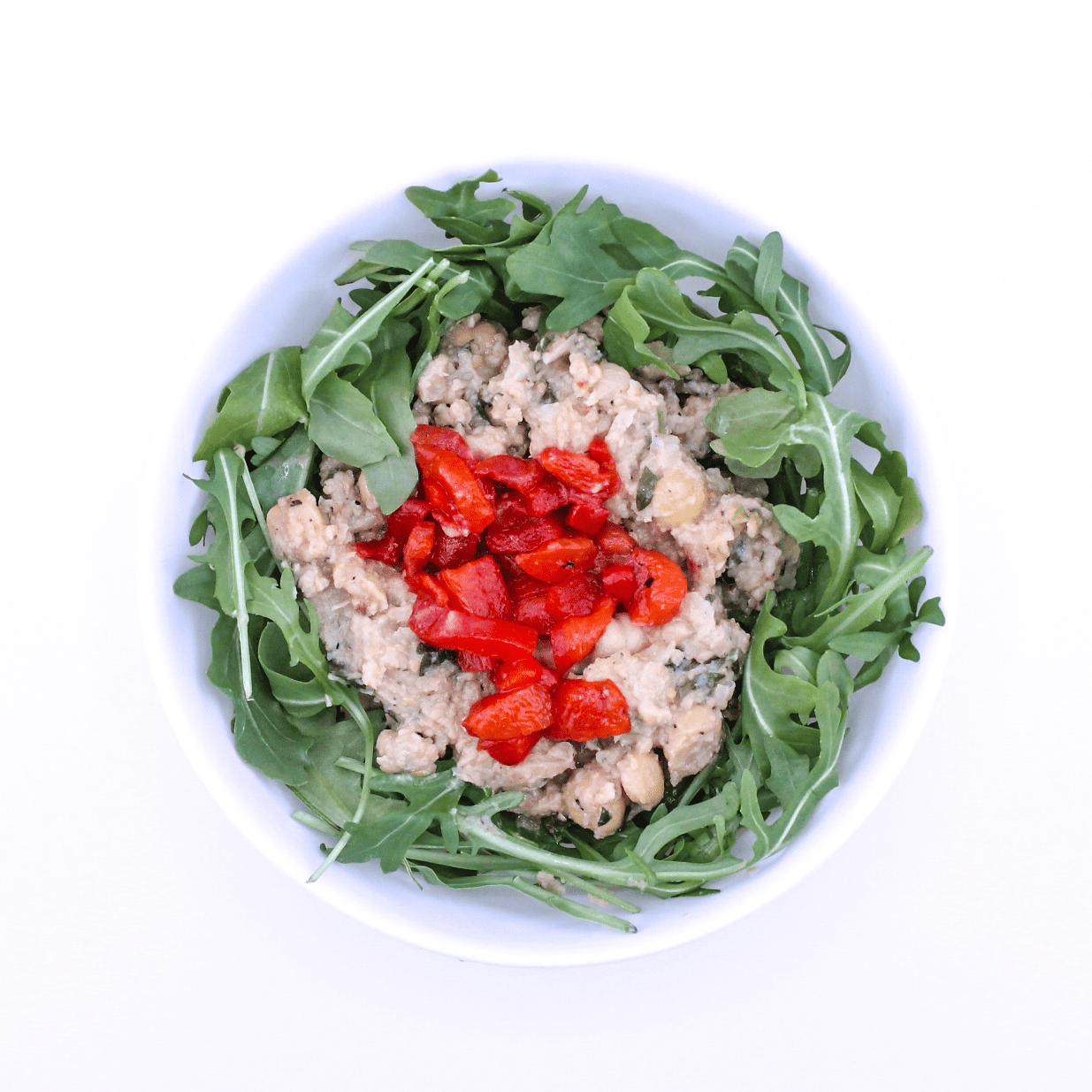 Marinated Chickpeas - Marinated chopped chickpeas, roasted red peppers, arugula