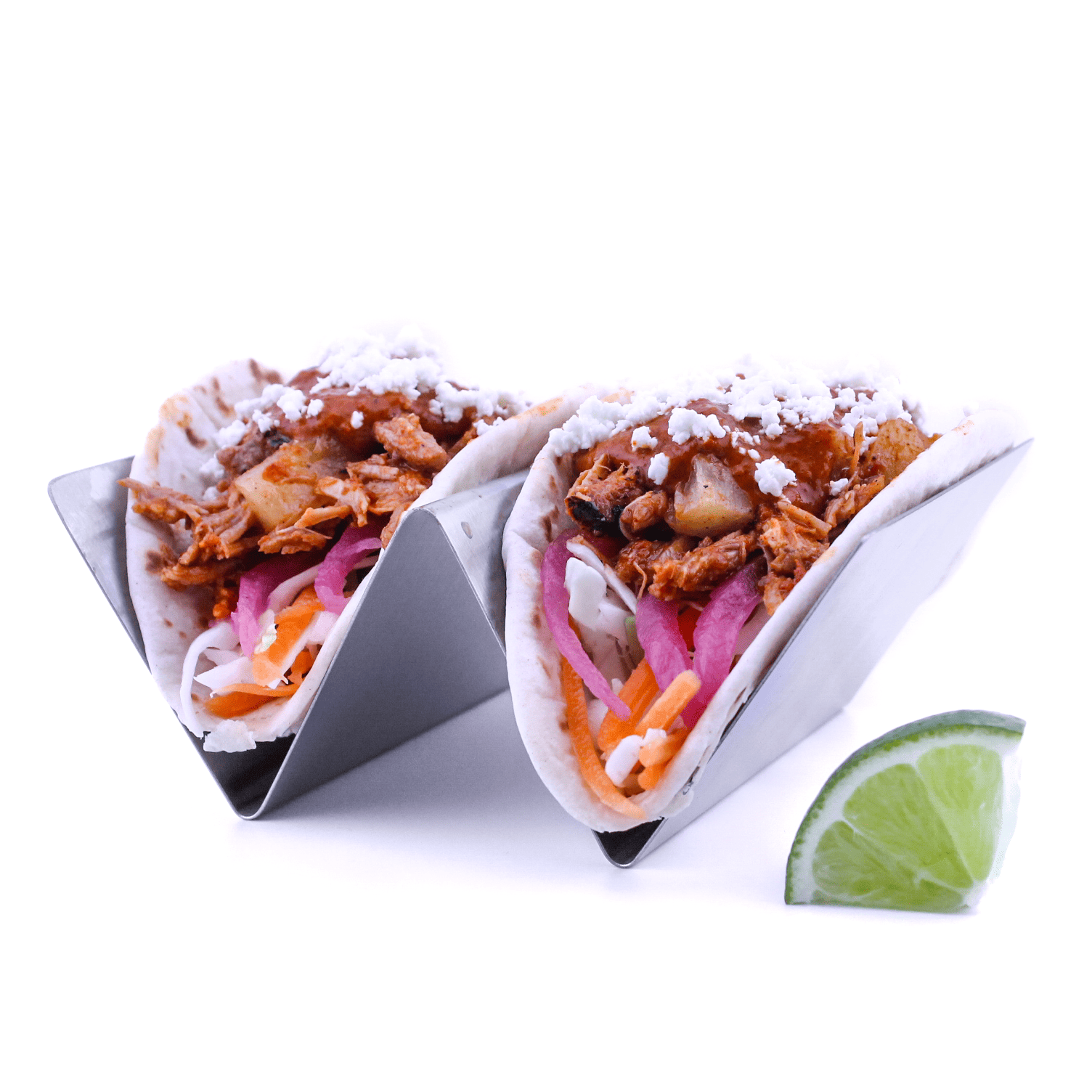 Pork Pastor Tacos - Pork pastor, green cabbage and shredded carrots, pickled red onions, feta cheese, ancho lime vinaigrette on two toasted flour tortillas