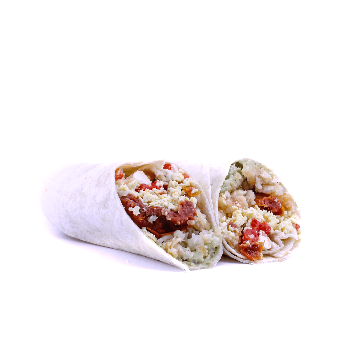 Rise & Shine (Hot Wrap) - Scrambled egg, green goodness aioli, crispy potato hash, roasted red peppers, feta cheese, roasted tomatoes, wrapped in a flour tortilla - Vegetarian