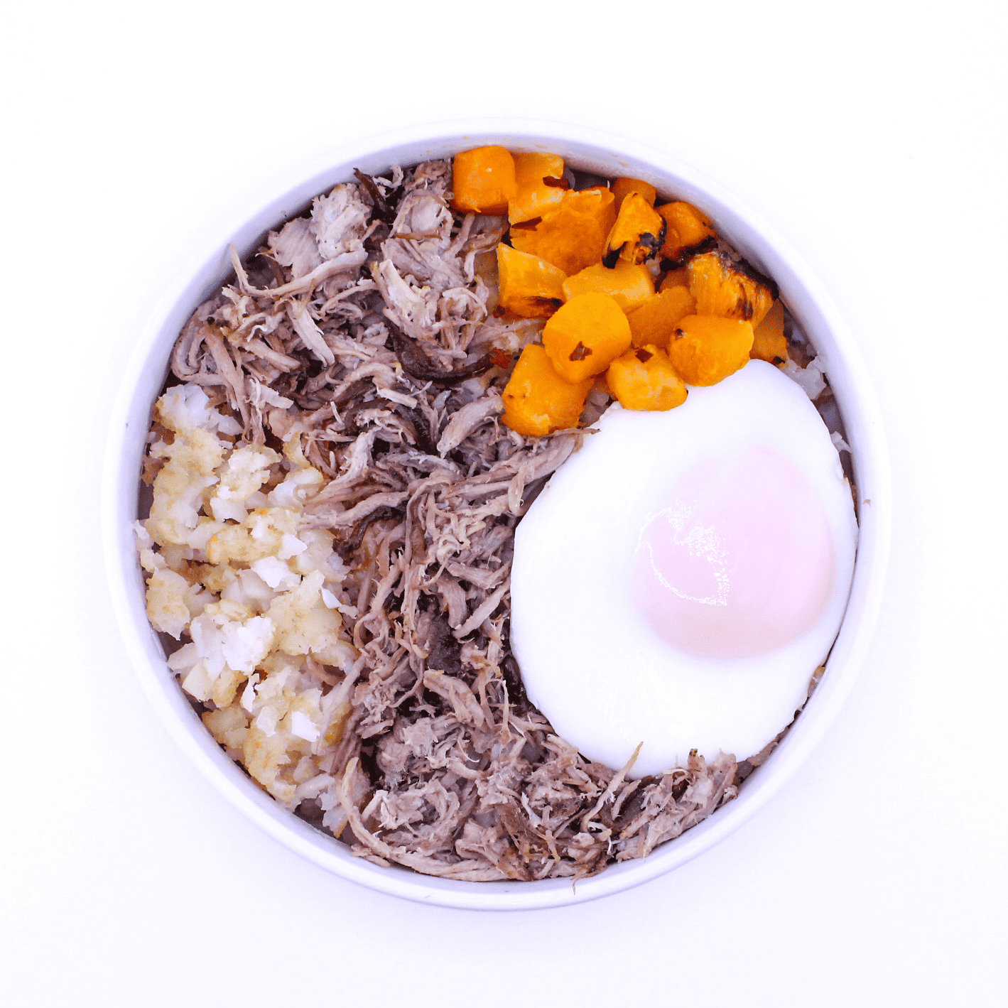 Sunny Sow - Slow roasted pork and onions, roasted butternut squash, crispy potato hash, cage-free egg over easy