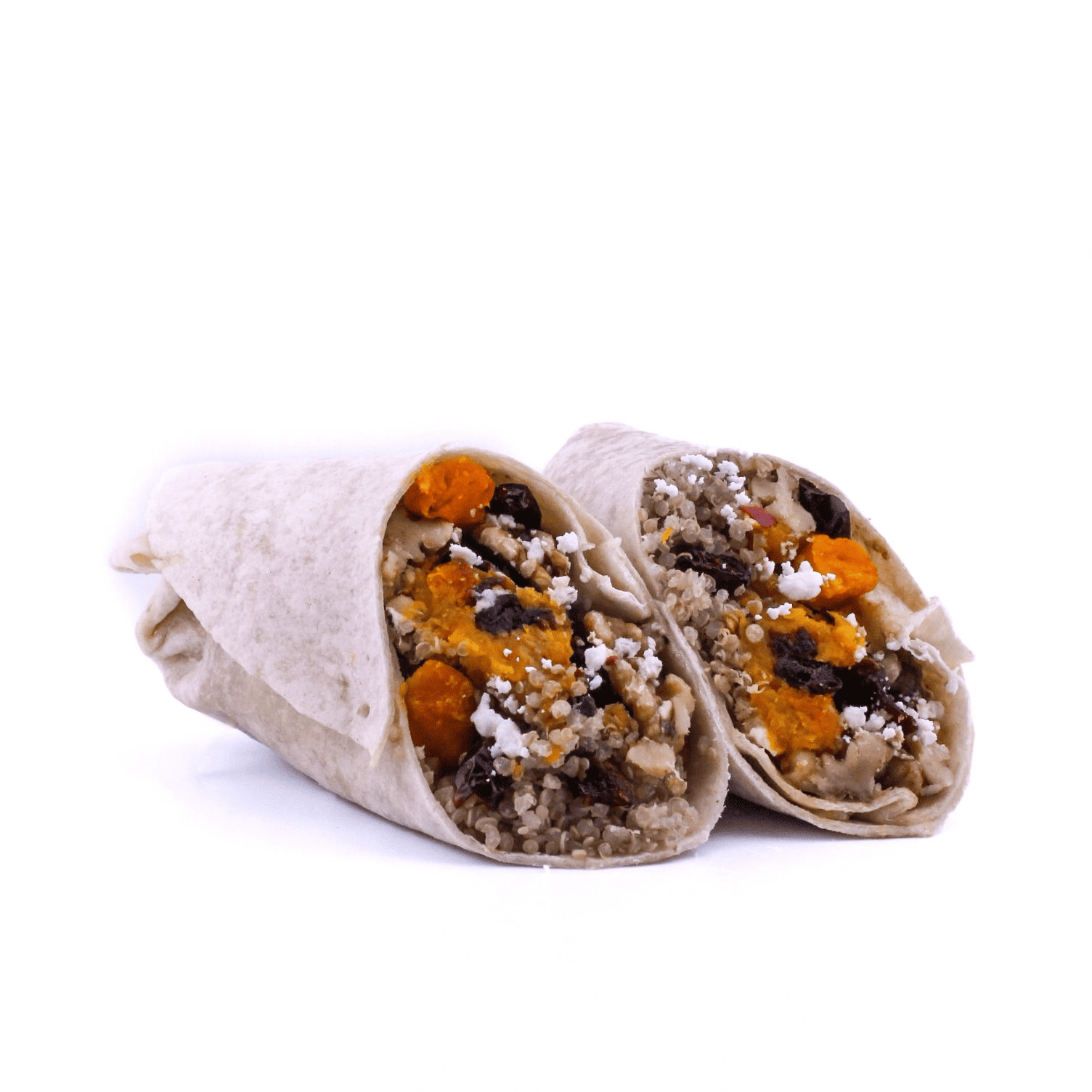 Hearty Harvest (HOT) Quinoa, roasted butternut squash, dried cranberries, goat cheese, walnuts, balsamic vinaigrette wrapped in a flour tortilla