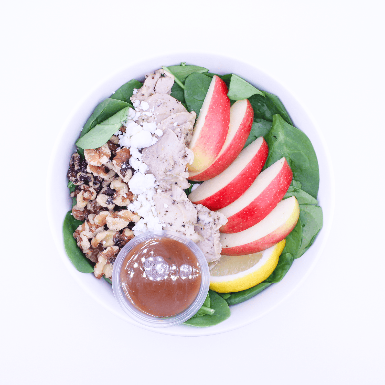 Chicken, apples, goat cheese, candied walnuts, spinach, balsamic vinaigrette