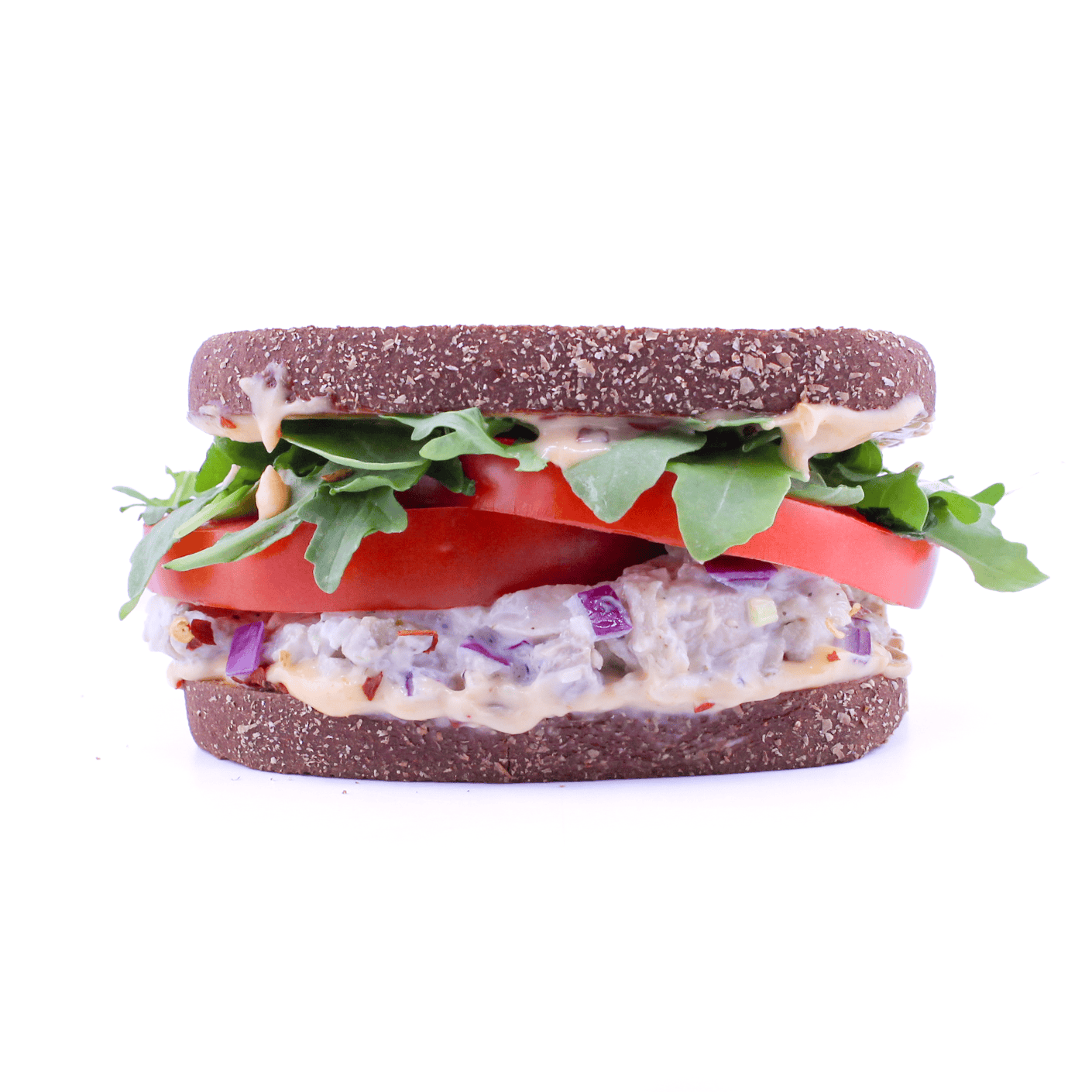 Chicken, celery, red onion, mayonnaise, arugula, tomatoes, spicy aioli on toasted honey wheat